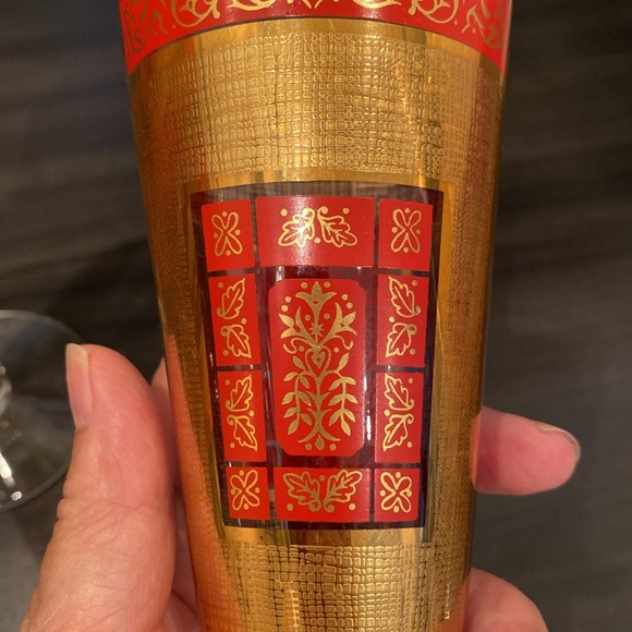 MCM vintage 60’s set of 4 Libbey’s Pilsner, beer, footed flutes, red & gold 10oz - Picture 3 of 17